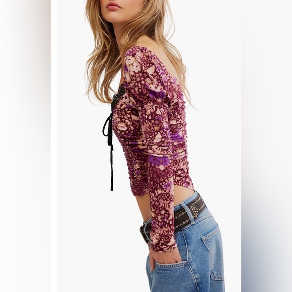 Free People Size S Long Sleeve Layer It On Me Ruched Crop in red combo NEW! - Picture 3 of 9